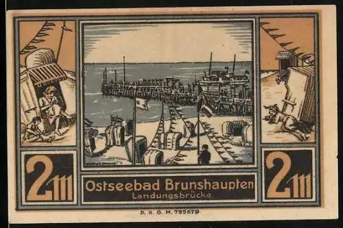 Notgeld Brunshaupten /Ostsee, 2 Mark, Strand und Landungsbrücke, Bäuerin beim Melken