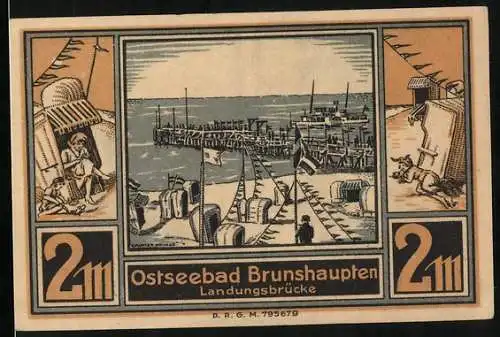 Notgeld Brunshaupten /Ostsee, 2 Mark, Strand und Landungsbrücke, Bäuerin beim Melken