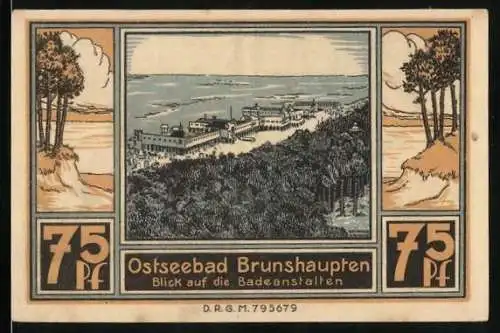 Notgeld Brunshaupten /Ostsee, 75 Pfennig, Blick auf die Badeanstalten, Bäuerin beim Melken