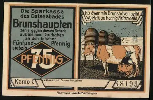 Notgeld Brunshaupten /Ostsee, 75 Pfennig, Blick auf die Badeanstalten, Bäuerin beim Melken