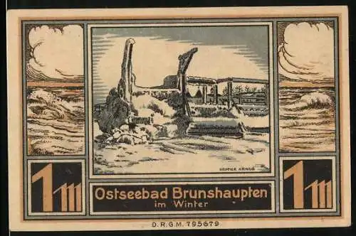 Notgeld Brunshaupten /Ostsee, 1 Mark, Ortspartie im Winter, Bäuerin beim Melken