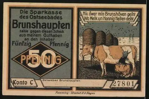 Notgeld Brunshaupten /Ostsee, 50 Pfennig, Bauerngehöft, Bäuerin beim Melken