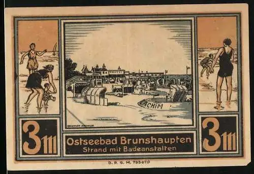 Notgeld Brunshaupten /Ostsee, 3 Mark, Strand mit Badeanstalten, Bäuerin beim Melken