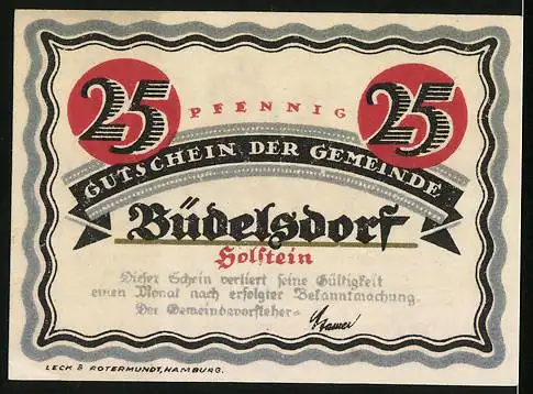 Notgeld Büdelsdorf /Holstein, 25 Pfennig, Scharfrichter, Gutschein