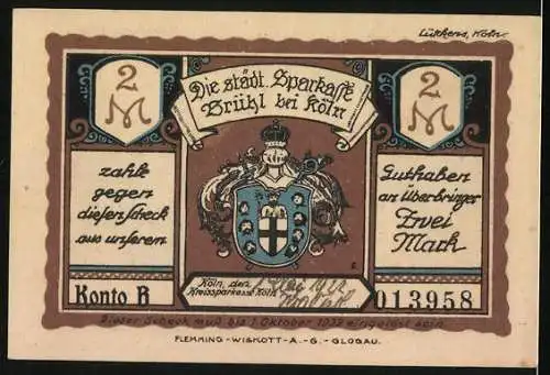 Notgeld Brühl b. Köln, 2 Mark, Schloss Falkenlust, Wappen