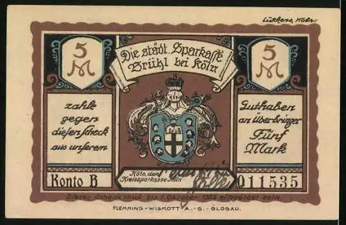 Notgeld Brühl b. Köln, 5 Mark, Kohlenzeche und Wappen