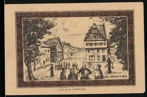 Notgeld Brühl b. Köln, 50 Pfennig, Markt im Jahre 1873, Wappen