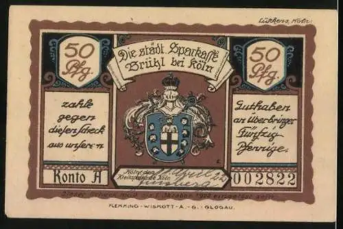 Notgeld Brühl b. Köln, 50 Pfennig, Markt im Jahre 1873, Wappen