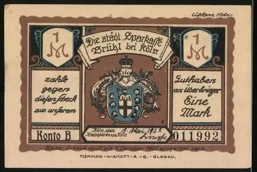 Notgeld Brühl b. Köln, 1 Mark, Stadtpanorama im Jahre 1575, Wappen