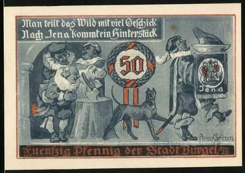 Notgeld Bürgel /Thür. 1921, 50 Pfennig, Siegel der Stadt Bürgel, Menschen mit Beil und Hund, Gutschein