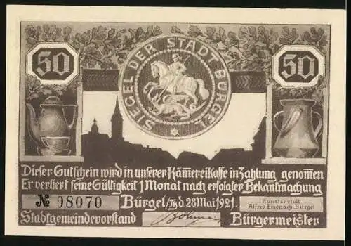 Notgeld Bürgel /Thür. 1921, 50 Pfennig, Siegel der Stadt Bürgel, Menschen mit Beil und Hund, Gutschein