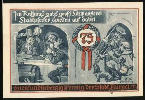 Notgeld Bürgel /Thür. 1921, 75 Pfennig, Siegel der Stadt Bürgel, Schmauserei im Rathaus, Gutschein