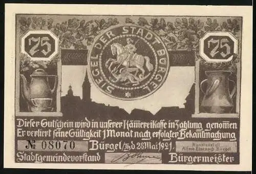 Notgeld Bürgel /Thür. 1921, 75 Pfennig, Siegel der Stadt Bürgel, Schmauserei im Rathaus, Gutschein