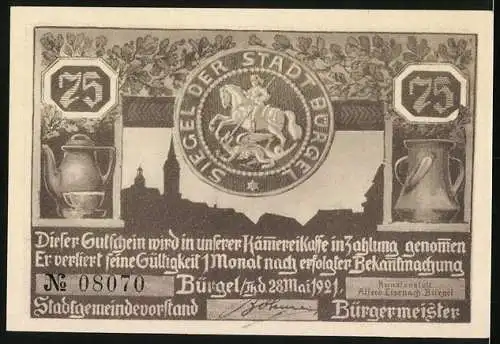 Notgeld Bürgel /Thür. 1921, 75 Pfennig, Siegel der Stadt Bürgel, Bürger werden Esels-Fresser genannt, Gutschein