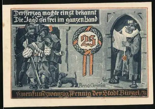 Notgeld Bürgel /Thür. 1921, 25 Pfennig, Siegel der Stadt Bürgel, Bekanntmachung des Herzogs, Gutschein