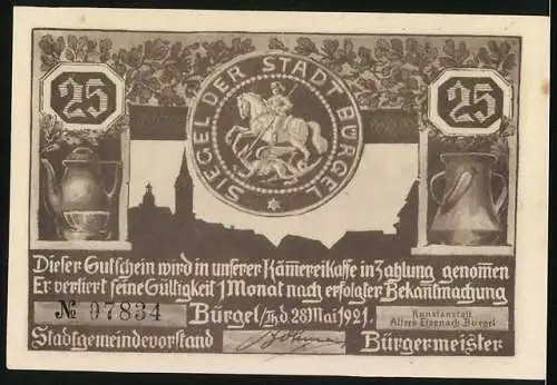 Notgeld Bürgel /Thür. 1921, 25 Pfennig, Siegel der Stadt Bürgel, Bekanntmachung des Herzogs, Gutschein