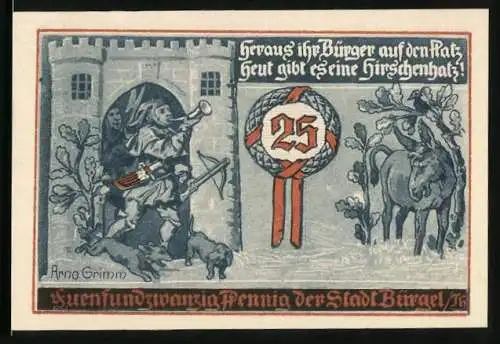 Notgeld Bürgel /Thür. 1921, 25 Pfennig, Siegel der Stadt Bürgel, Mann bläst zur Jagd, Gutschein