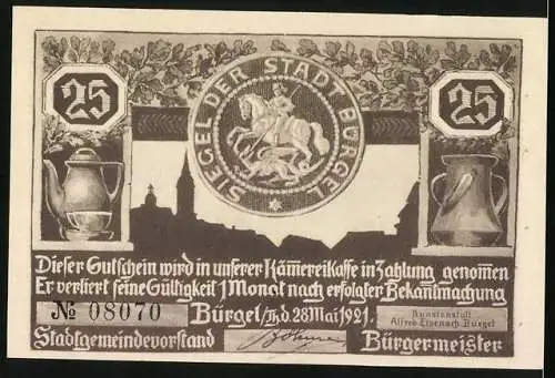 Notgeld Bürgel /Thür. 1921, 25 Pfennig, Siegel der Stadt Bürgel, Mann bläst zur Jagd, Gutschein