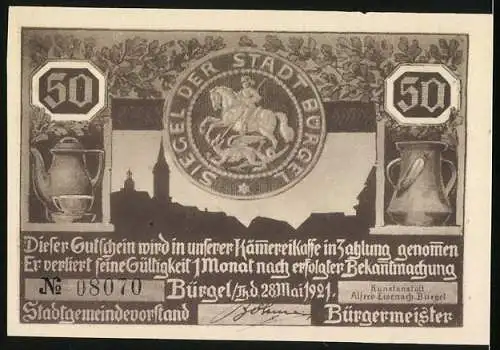 Notgeld Bürgel /Thür. 1921, 50 Pfennig, Siegel der Stadt Bürgel, Männer überwältigen einen Esel, Gutschein