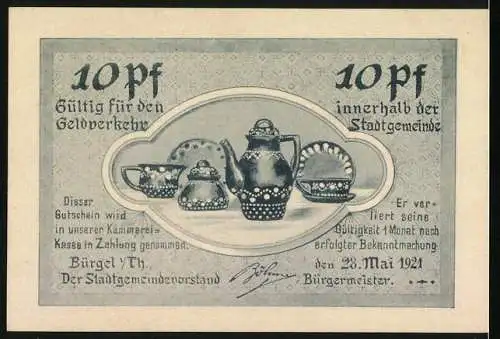 Notgeld Bürgel /Thür. 1921, 10 Pfennig, Ritter kämpft gegen einen Drachen, Stillleben mit Steingut, Gutschein