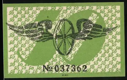 Notgeld Brockau 1920, 50 Pfennig, Rad mit Flügeln und Lokomotive, Gutschein