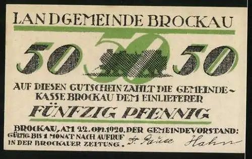 Notgeld Brockau 1920, 50 Pfennig, Rad mit Flügeln und Lokomotive, Gutschein