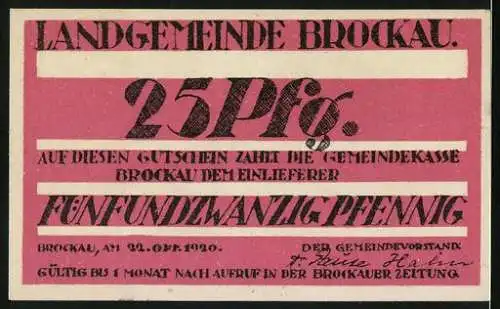 Notgeld Brockau 1920, 25 Pfennig, Lokomotive, Gutschein