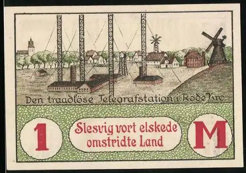 Notgeld Brunde 1920, 1 Mark, Panorama mit Telegraphenstation, Wappen und Valutastigning