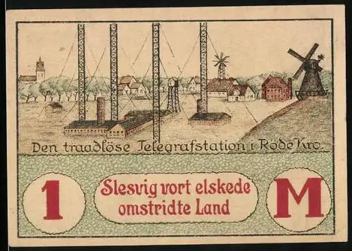 Notgeld Brunde 1920, 1 Mark, Panorama und Telegraphenstation, Wappen und Valutastigning