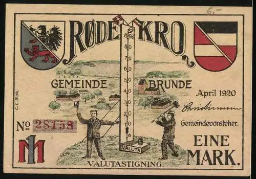 Notgeld Brunde 1920, 1 Mark, Panorama und Telegraphenstation, Wappen und Valutastigning