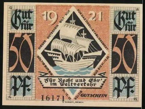 Notgeld Bremen 1921, 50 Pfennig, Bremer Stadtmusikanten, Gutschein für Tivoli-Etablissement