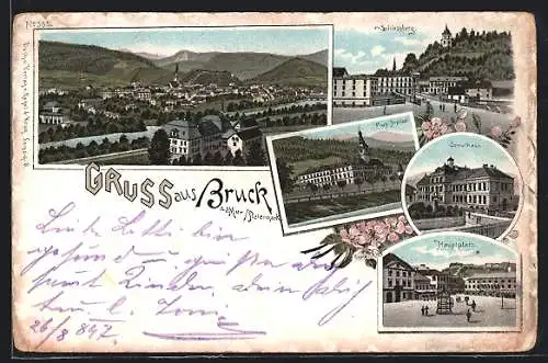 Lithographie Bruck an der Mur, Schlossburg, Schulhaus und Ortsansicht