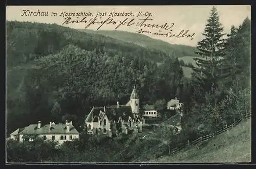 AK Warth /NÖ., Kirchau im Hassbachtale, Blick von einem Berg zur Kirche