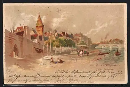 Lithographie Ulm / Donau, Teilansicht mit Gänsethurm und der Donau