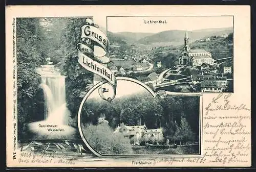 AK Lichtenthal / Baden-Baden, Geroldsauer Wasserfall, Fischkultur und Panoramaansicht