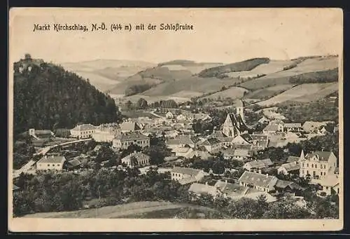 AK Kirchschlag /N.-Ö., Ortspanorama mit der Schlossruine