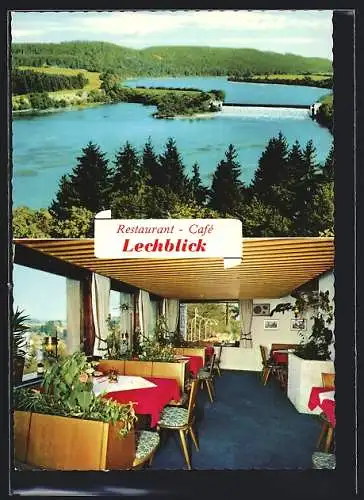 AK Denklingen / Landsberg, Café-Restaurant Lechblick mit Innenansicht und Seeblick