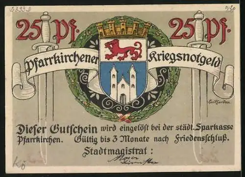 Notgeld Pfarrkirchen a. Rott, 25 Pfennig, Wappen, Rathaus