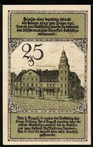 Notgeld Bialla O.-Pr. 1920, 25 Pfennig, Rathaus, Wappen