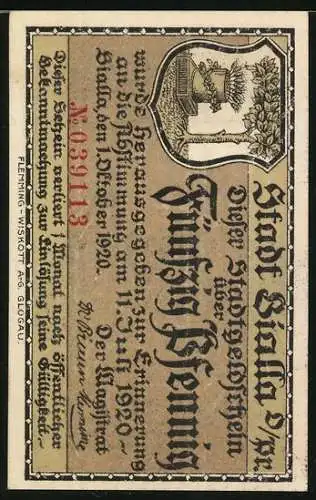 Notgeld Bialla O.-Pr. 1920, 50 Pfennig, Rathaus, Wappen