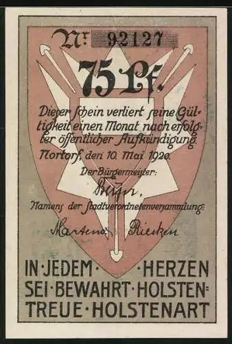 Notgeld Nortorf 1920, 75 Pfennig, Kirche, Wappen