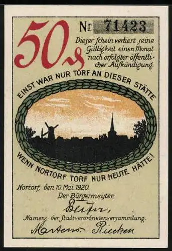 Notgeld Nortorf 1920, 50 Pfennig, Wappen, Silhouette der Stadt