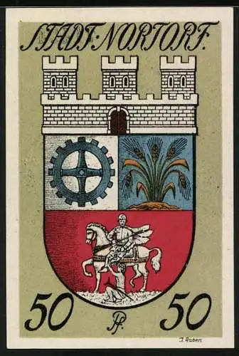 Notgeld Nortorf 1920, 50 Pfennig, Wappen, Silhouette der Stadt