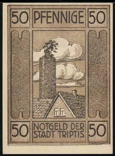 Notgeld Triptis 1921, 50 Pfennig, Wappen, Turm