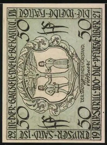 Notgeld Triptis 1921, 50 Pfennig, Kirche, Wappen
