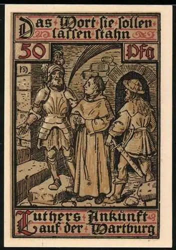 Notgeld Eisenach 1921, 50 Pfennig, Luthers Ankunft auf der Wartburg