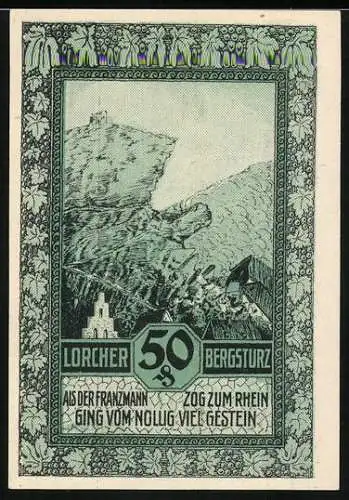 Notgeld Lorch im Rheingau 1921, 50 Pfennig, Ortsansicht, Bergsturz