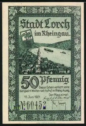 Notgeld Lorch im Rheingau 1921, 50 Pfennig, Ortsansicht, Bergsturz