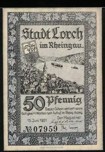 Notgeld Lorch im Rheingau 1921, 50 Pfennig, Ortsansicht, Freistaat Flaschenhals