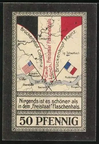 Notgeld Lorch im Rheingau 1921, 50 Pfennig, Ortsansicht, Freistaat Flaschenhals